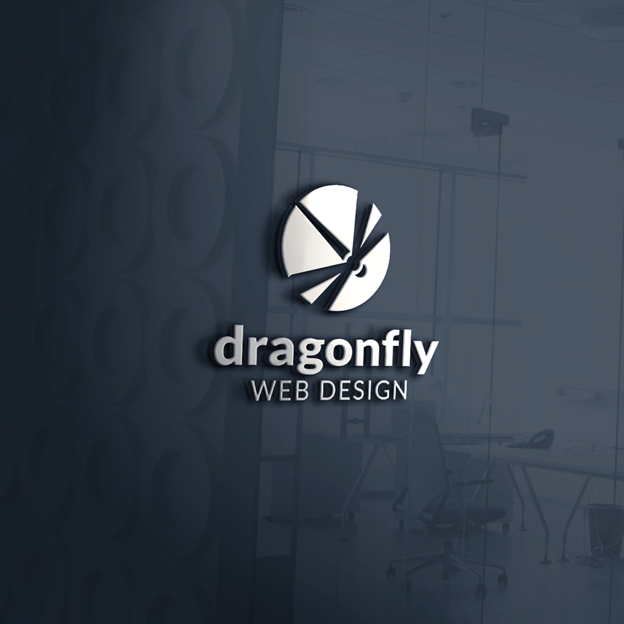 Metallic silver Dragonfly Web Design logo mockup on slate grey glass wall