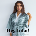 Hey Lulu robs testimonial image with model wearing a teal satin robe and logo overlaid