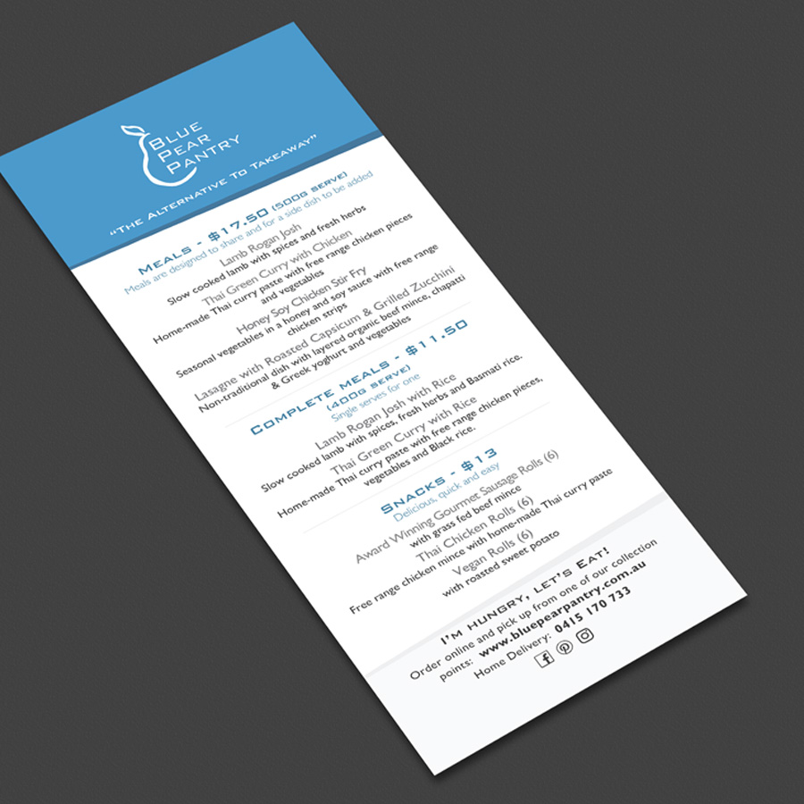 DL size paper menu mockup designed for Blue Pear Pantry, maker of gourmet sausage rolls